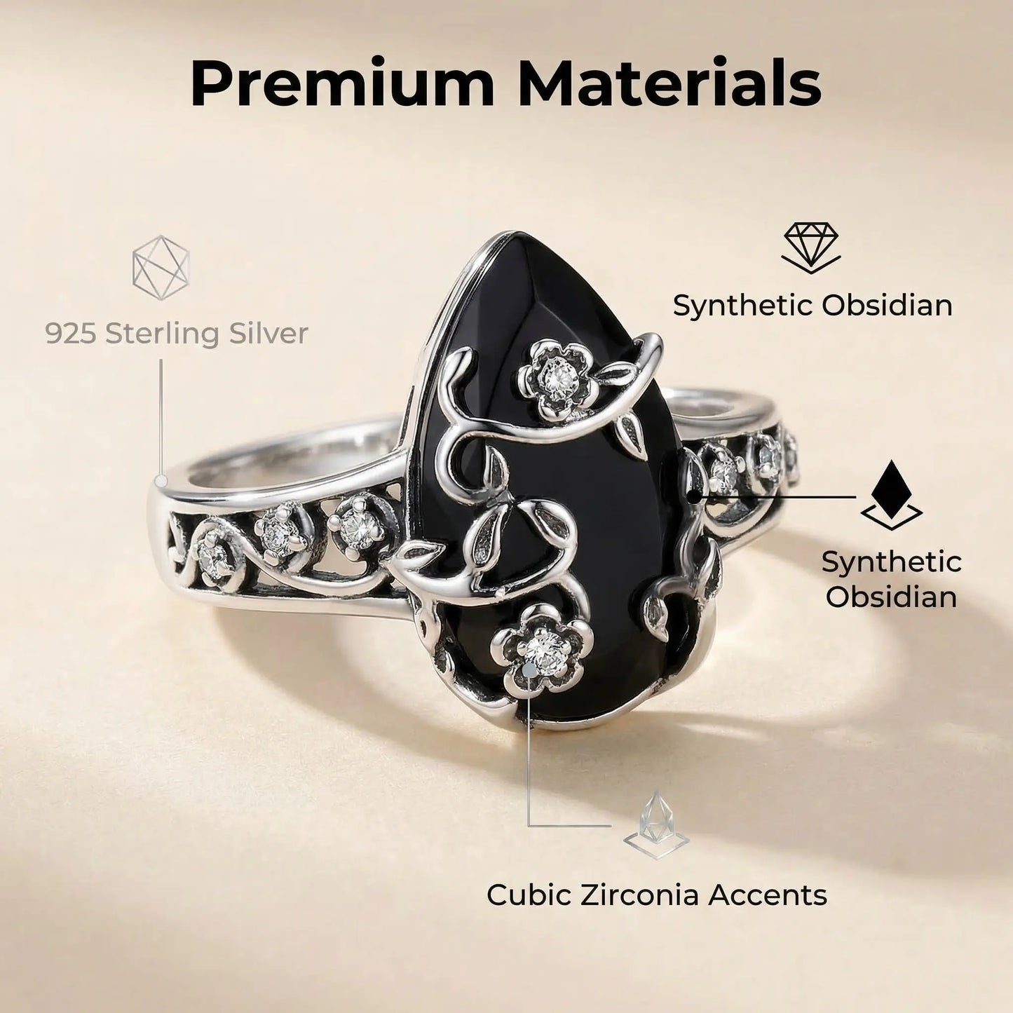 au 925 Sterling Silver Synthetic Obsidian Ring with Vintage Flower Design, Elegant Black Lab Grown Diamond Ring Jewelry for Women, Energy Crystal Ring Perfect for Daily Wear and Birthday Party, Mother's day Gift