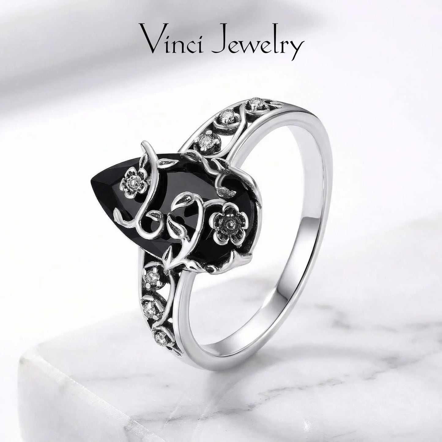 au 925 Sterling Silver Synthetic Obsidian Ring with Vintage Flower Design, Elegant Black Lab Grown Diamond Ring Jewelry for Women, Energy Crystal Ring Perfect for Daily Wear and Birthday Party, Mother's day Gift