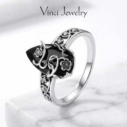 au 925 Sterling Silver Synthetic Obsidian Ring with Vintage Flower Design, Elegant Black Lab Grown Diamond Ring Jewelry for Women, Energy Crystal Ring Perfect for Daily Wear and Birthday Party, Mother's day Gift