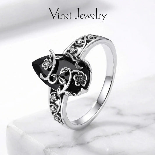 au 925 Sterling Silver Synthetic Obsidian Ring with Vintage Flower Design, Elegant Black Lab Grown Diamond Ring Jewelry for Women, Energy Crystal Ring Perfect for Daily Wear and Birthday Party, Mother's day Gift