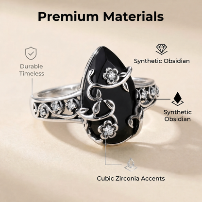au 925 Sterling Silver Synthetic Obsidian Ring with Vintage Flower Design, Elegant Black Lab Grown Diamond Ring Jewelry for Women, Energy Crystal Ring Perfect for Daily Wear and Birthday Party, Mother's day Gift