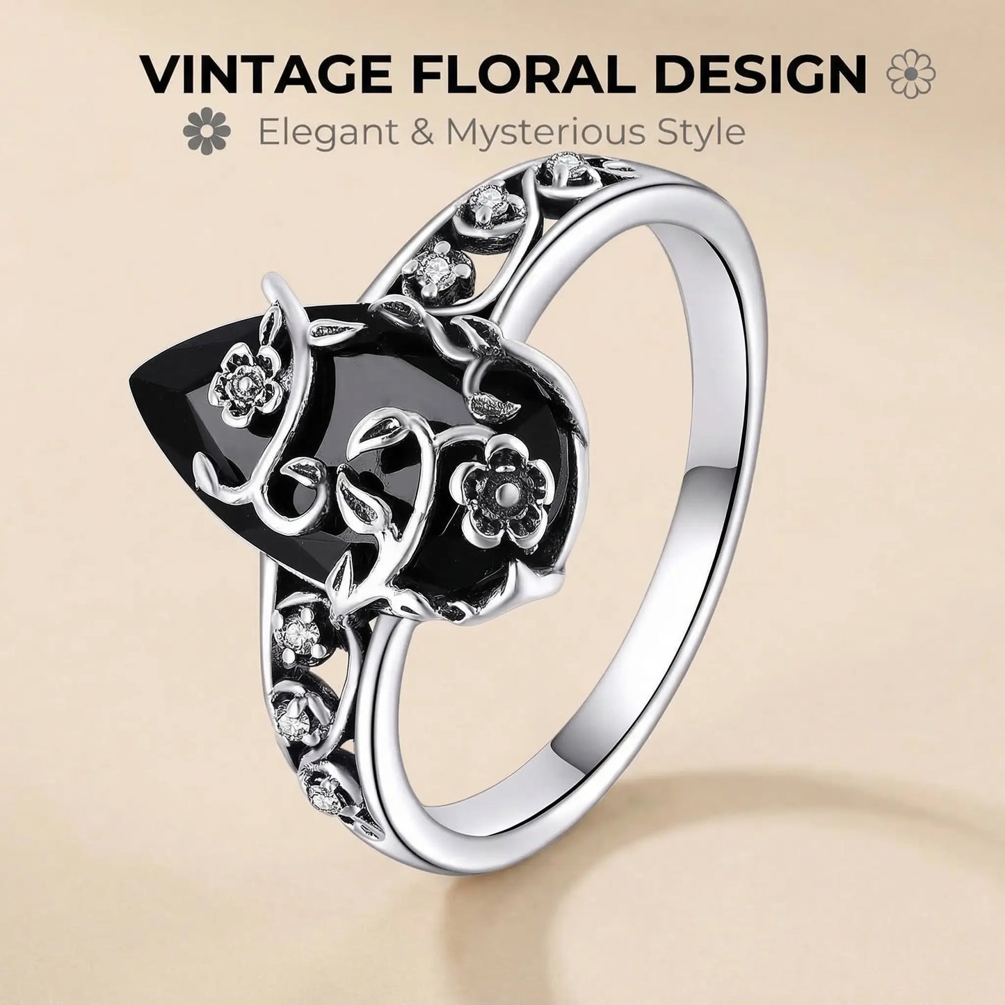 au 925 Sterling Silver Synthetic Obsidian Ring with Vintage Flower Design, Elegant Black Lab Grown Diamond Ring Jewelry for Women, Energy Crystal Ring Perfect for Daily Wear and Birthday Party, Mother's day Gift