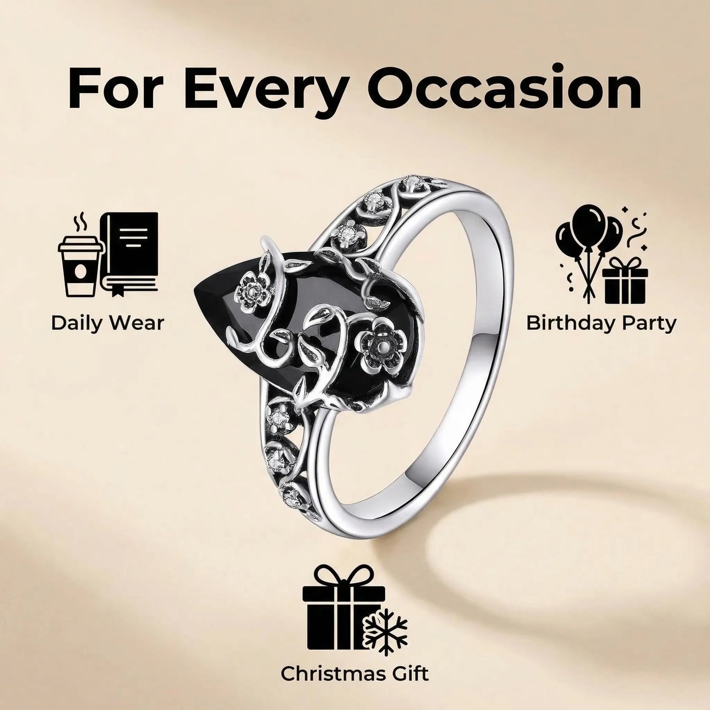 au 925 Sterling Silver Synthetic Obsidian Ring with Vintage Flower Design, Elegant Black Lab Grown Diamond Ring Jewelry for Women, Energy Crystal Ring Perfect for Daily Wear and Birthday Party, Mother's day Gift