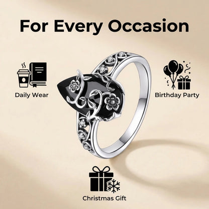au 925 Sterling Silver Synthetic Obsidian Ring with Vintage Flower Design, Elegant Black Lab Grown Diamond Ring Jewelry for Women, Energy Crystal Ring Perfect for Daily Wear and Birthday Party, Mother's day Gift